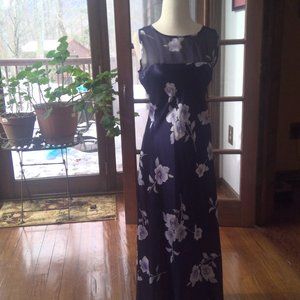 HALSTON NIGHT OR LOUNGE GOWN IN NAVY BLUE FLORAL-SEE THRU AT TOP-LARGE